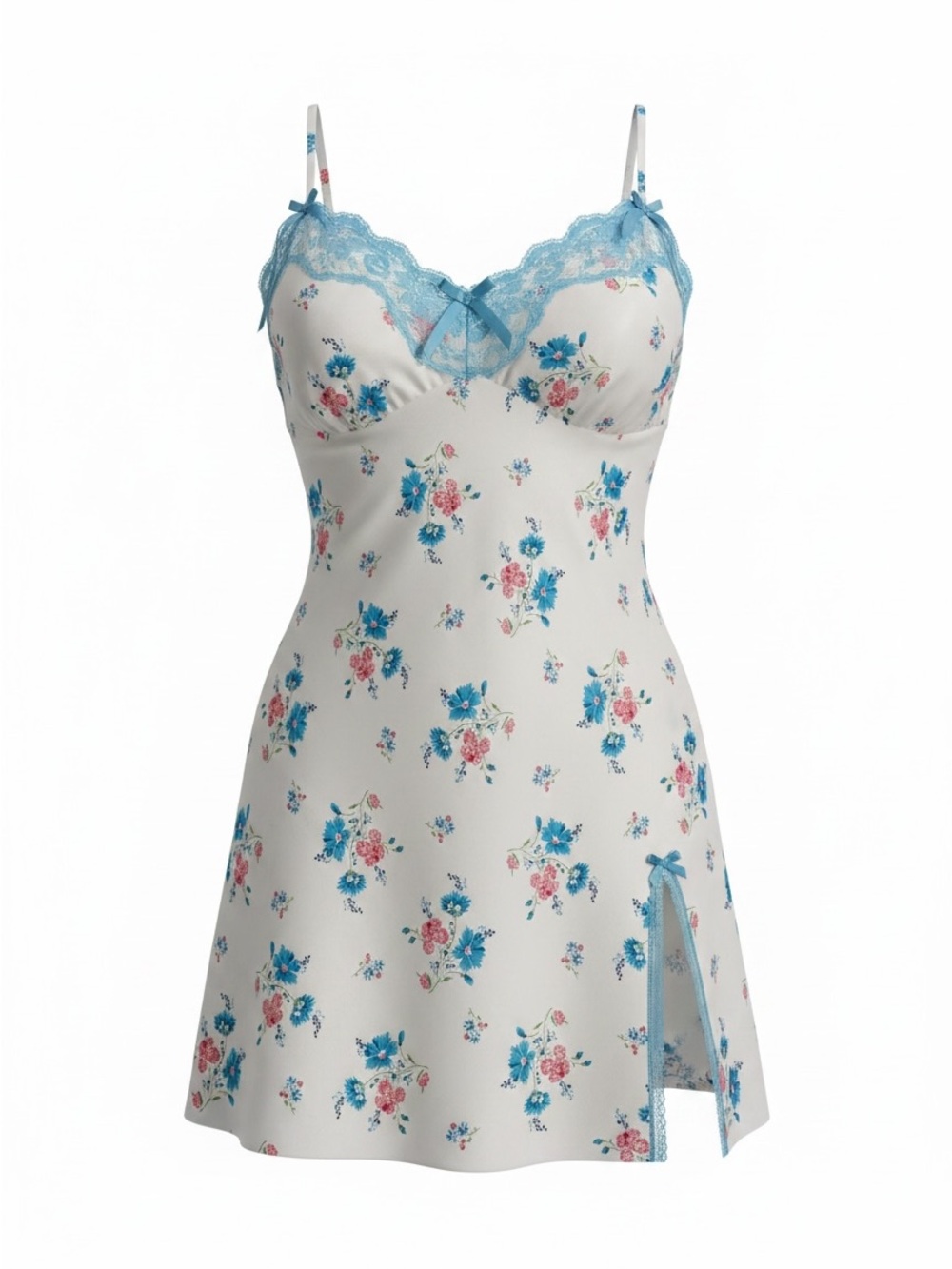 Victoria's Secret Angels Collection Slip Dress Blue Flowers Lace Trim Bow